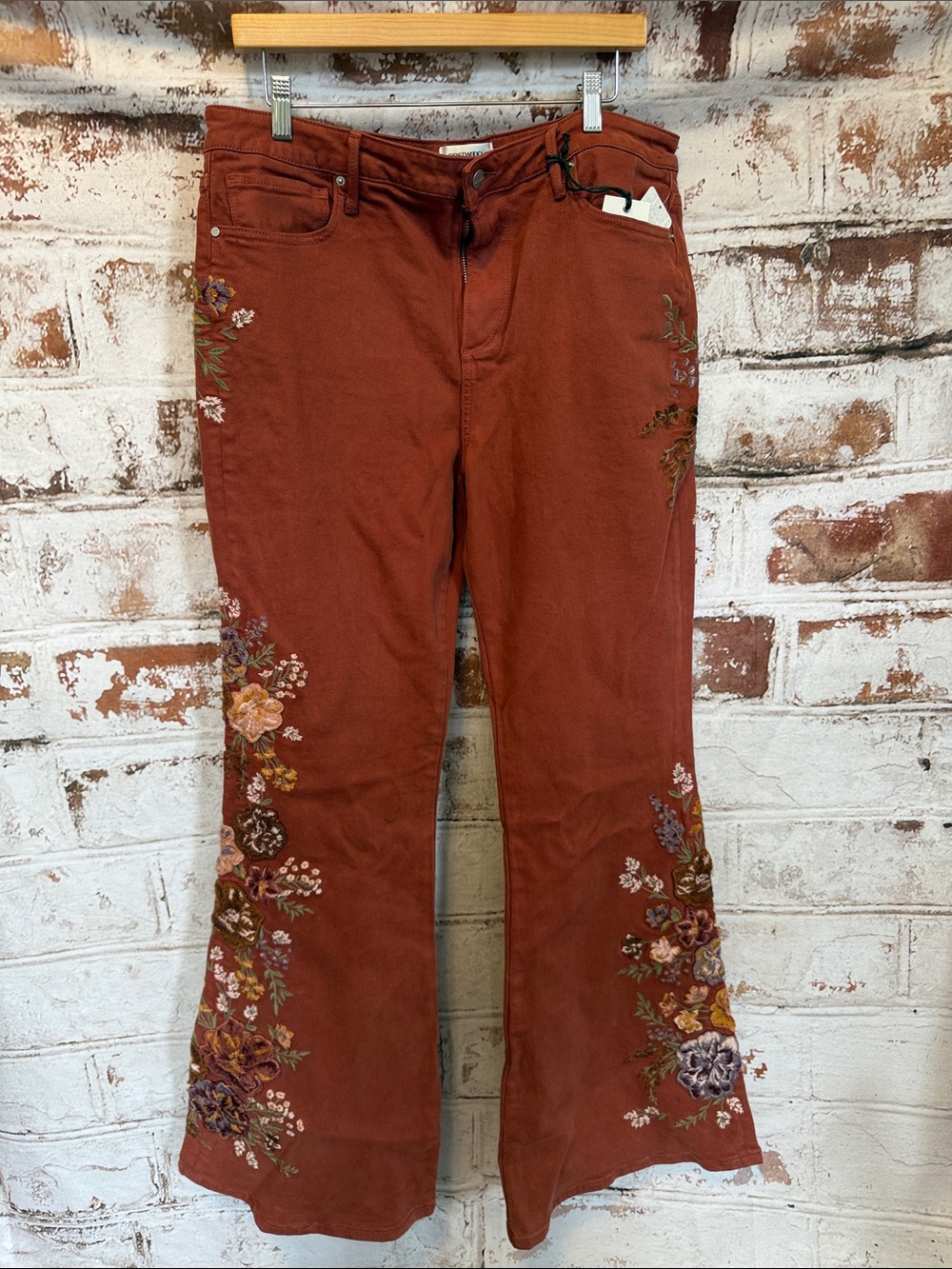 Free People Rust Beautifully Embroidered Floral Wide-Leg Jeans
